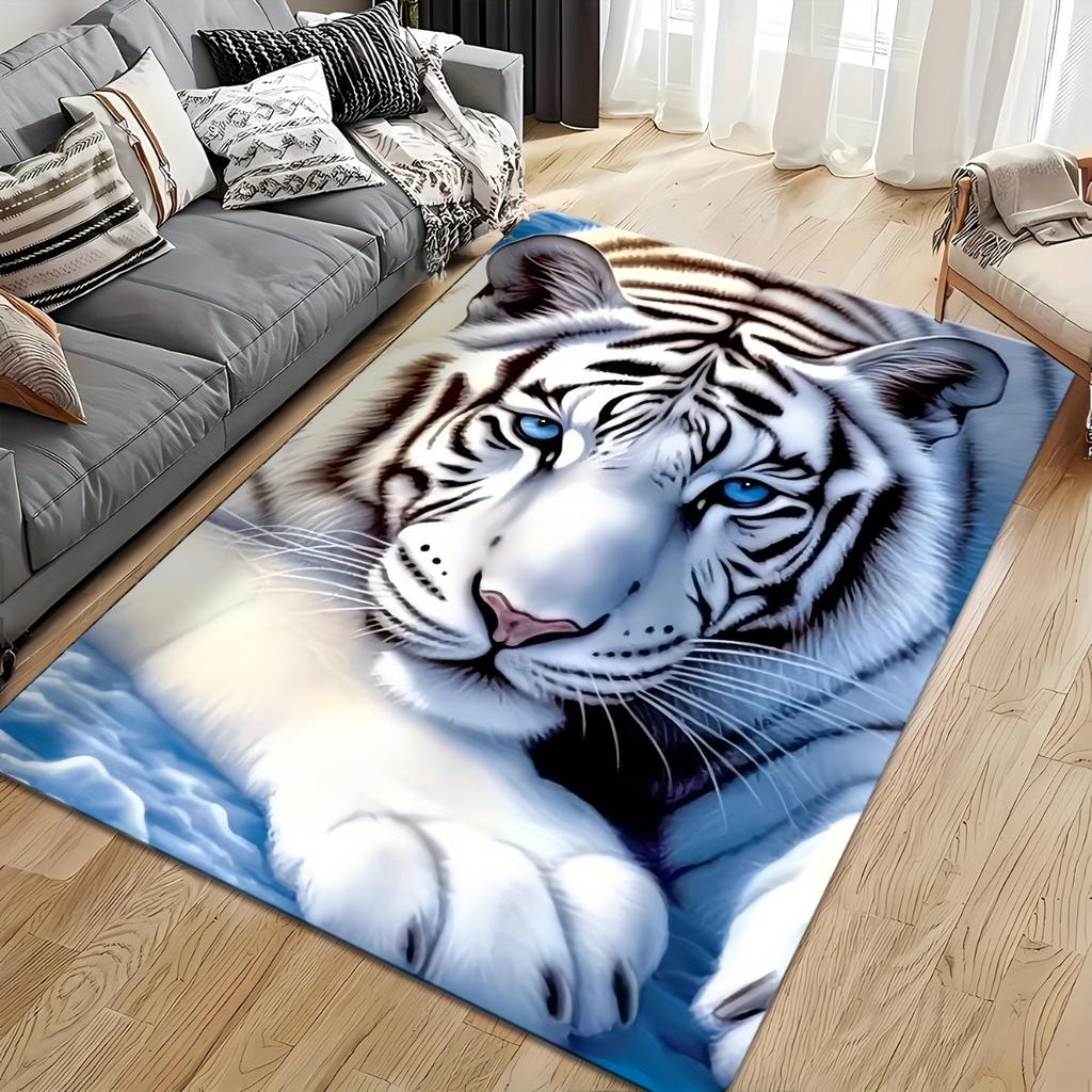 White Tiger Design Round Area Rug, Non Slip Floor Mat for Living Room Bedroom Hotel and Home Office, Machine Washable Decor