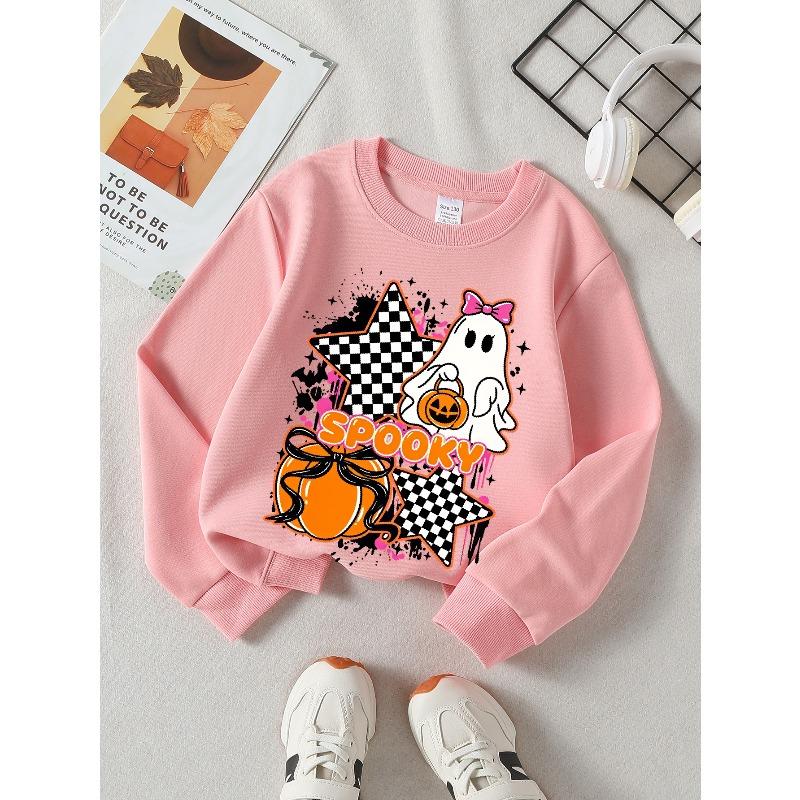 European sizes Girls' Soft Crewneck Sweatshirt Spooky Ghost Pumpkin Checkered Star Print, Casual All-Match, Ideal Holiday Present