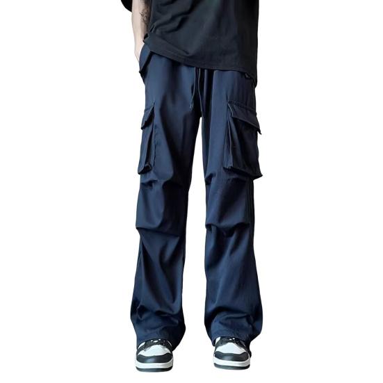 Men Cargo Pants Mid-rise Drawstring Multi Pockets Design Leisure Trousers Solid Color Wide Leg Outdoor Camping Pants Plus Size