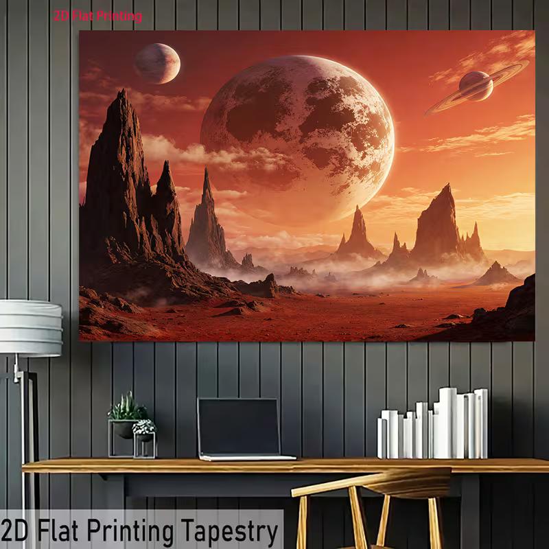 2D Sci-Fi Room Backdrop, Alien Red Planet Landscape with Multiple Moons Background