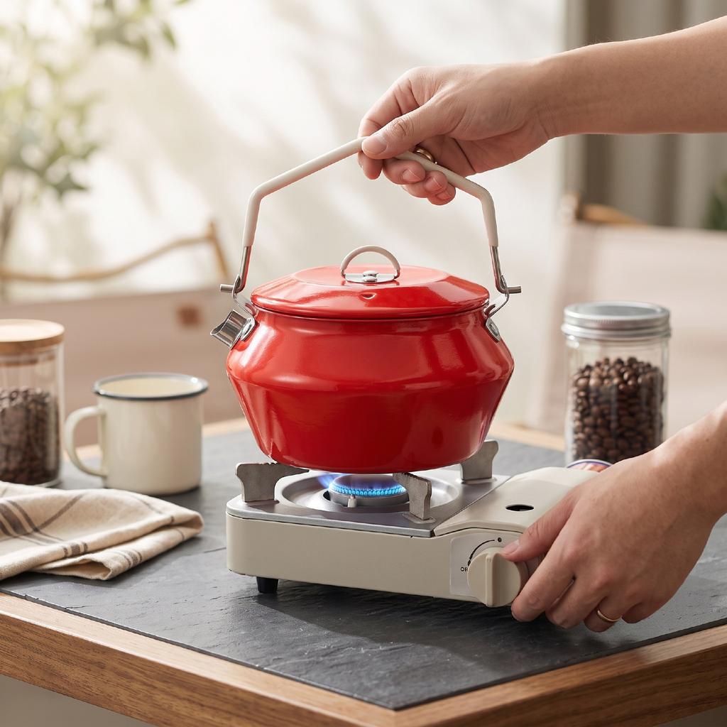 Camping Kettle 304 Stainless Steel Outdoor Coffee Tea Pot with Thick Silicone Handle Red Enamel Coating Fast Heating Portable Water Boiler for Hiking