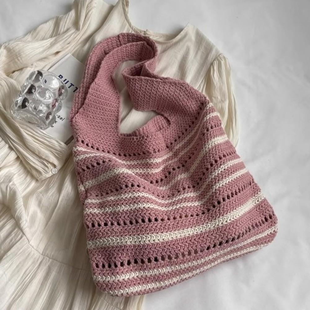 Striped Pattern Woven Shoulder Bag Bohemian Hollow Out Beach Bag New Knitted Tote Bag  Versatile