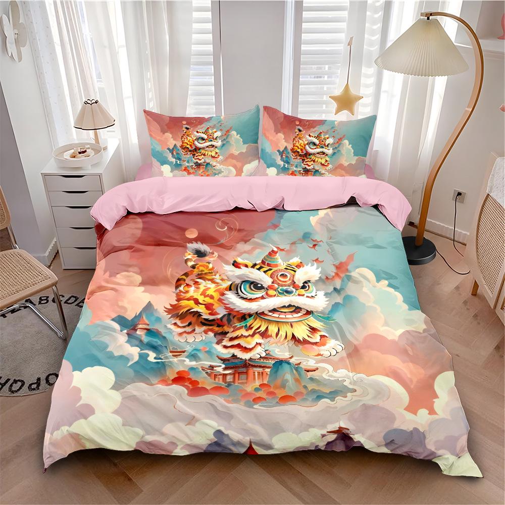 Cool Lion Dance Four-Piece Chinese Style Duvet Set for Boys' Bedroom or Dorm