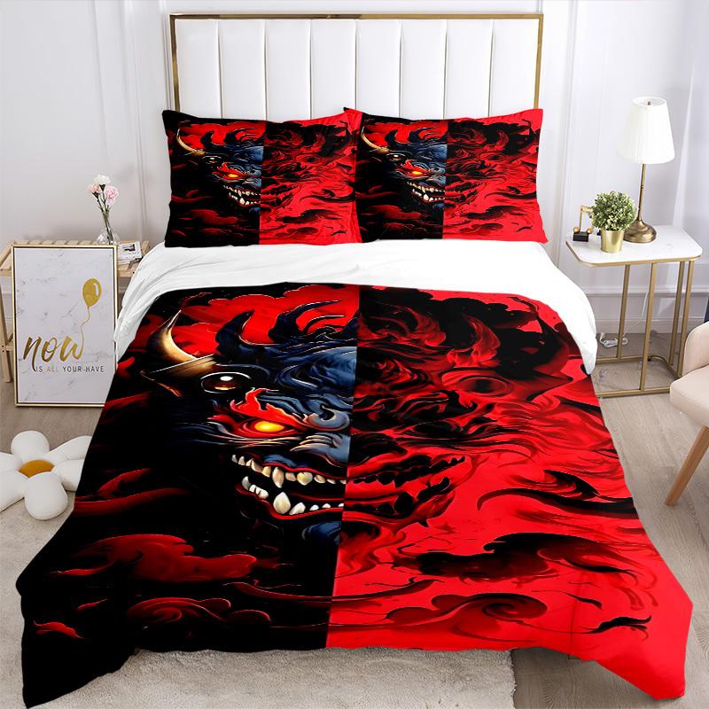 3Pcs Demon Mask Printed Bedding Set, Breathable And Soft, Machine Washable, Christmas Gift, Suitable for Bedroom Decoration, 15178
