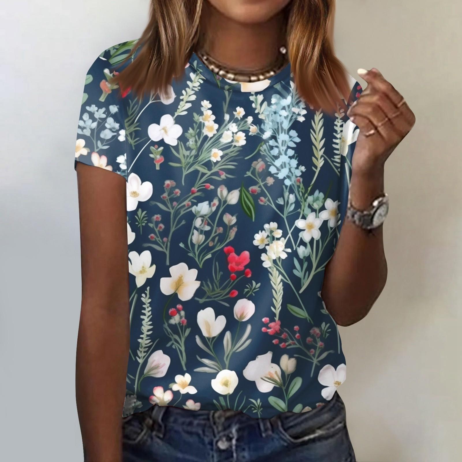 

Женская модная повседневная футболка с цветочным принтом и круглым вырезом, топ с короткими рукавами XL