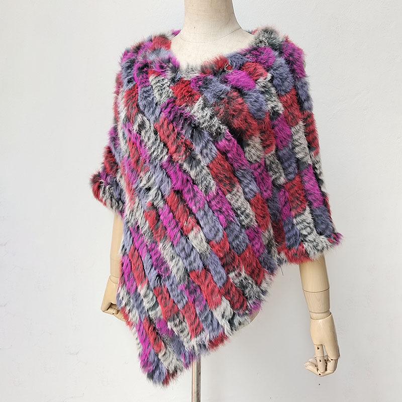 2022 Autumn/Winter Handmade Real Rabbit Fur Knit Triangle Shawl & Women's Pullover Cloak