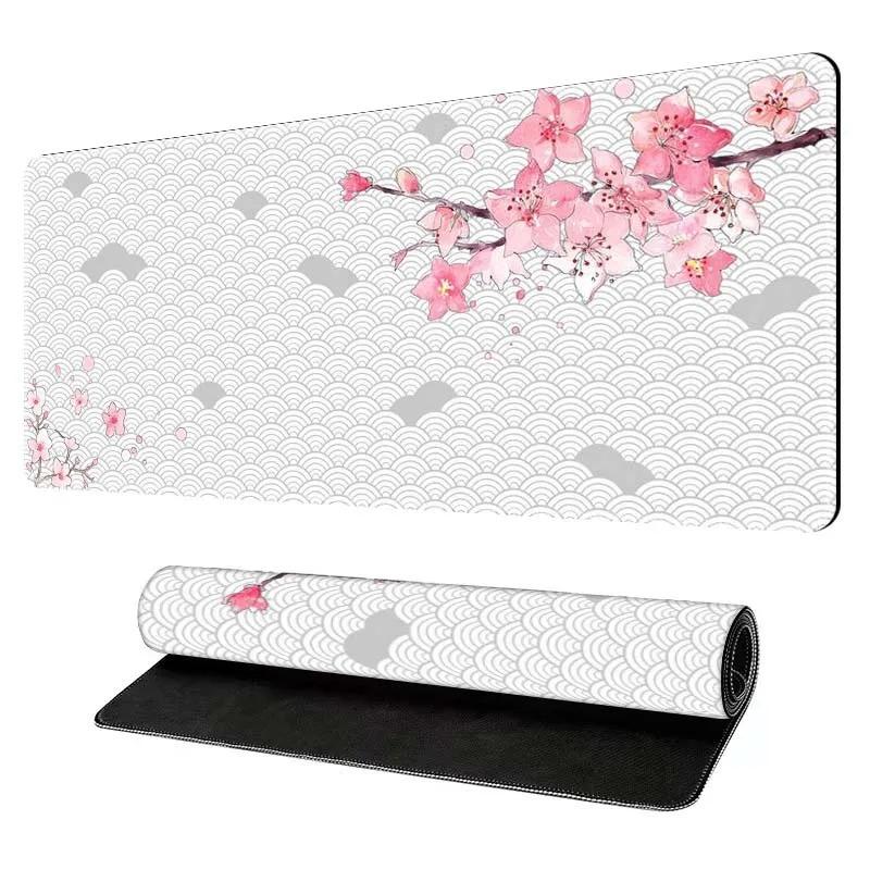 Sakura Cherry Blossom Desk Mat Black Wave Texture Gaming Mouse Pad NonSlip Rubber Keyboard Mat Stitched Edge Table Pad