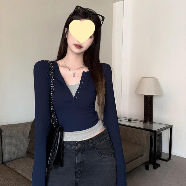 Retro V-Neck Slim Fit Layered Long-Sleeve Top for Women