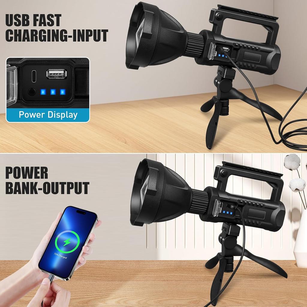 Rechargeable Spotlight, 2,000,000 Lumens Super Bright LED Flashlight, IPX5 Waterproof Handheld Searchlight for Camping Boating Hiking Emergencies