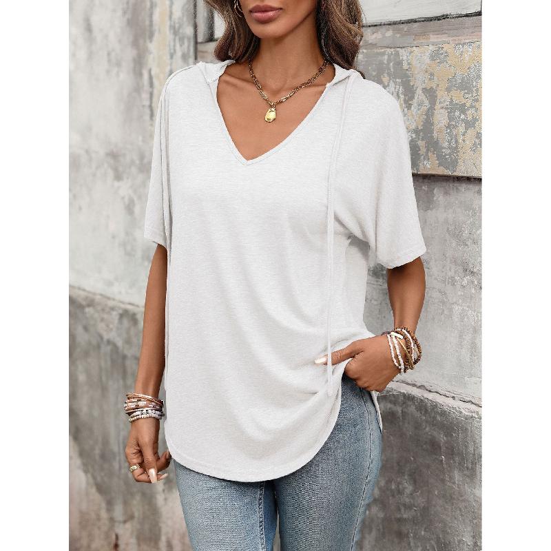 2026 Spring/Summer New Solid Color V-Neck Drawstring Hooded T-Shirt for Women Casual Short Sleeve