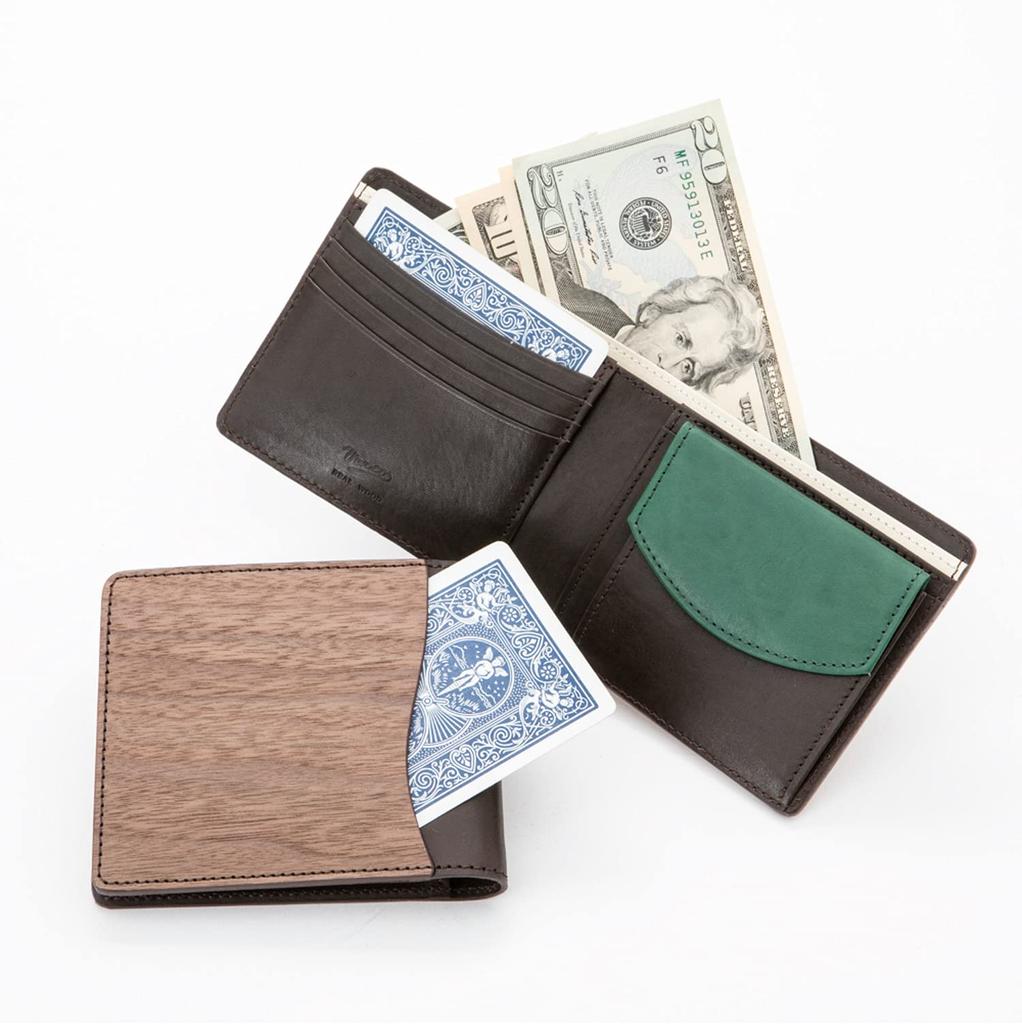 VARCO REAL WOOD Smart Wallet Bifold Wallet for Men and Women, Genuine Leather, Made in Japan, Mustard