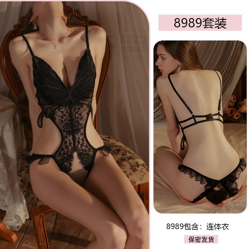 Original Erotic Underwear, Sexy butterfly Lace Seductive open-crotch Jumpsuit, Women's Hot See-through pajamas 8989