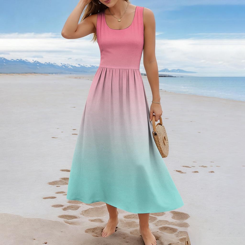 Ladies' gradient printed summer casual and fashionable sleeveless long dress