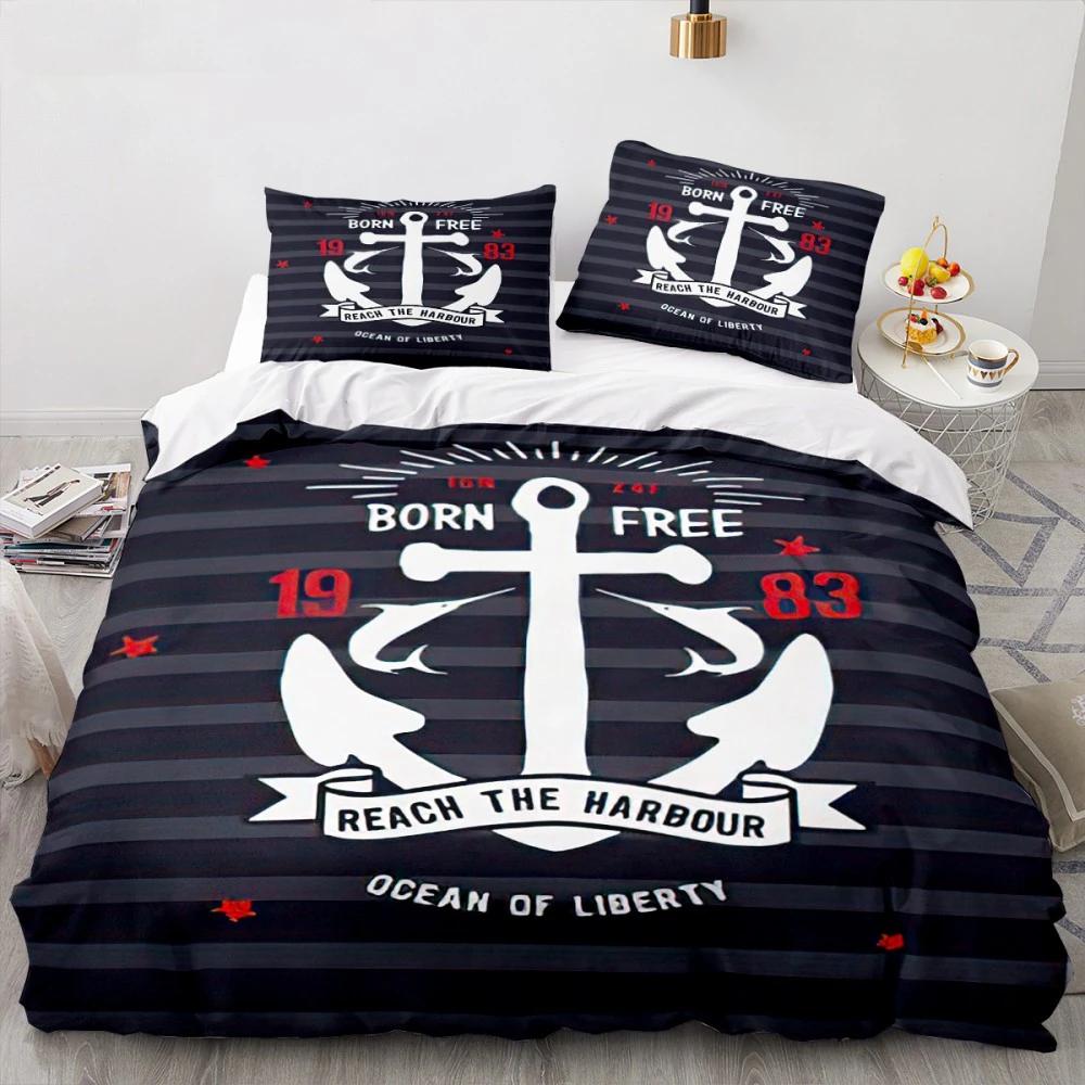Anchor Duvet Cover Set,Nautical Pattern Classic Colors And Anchors Simplistic Design Sailor Ship Print Bedding Set Queen Size