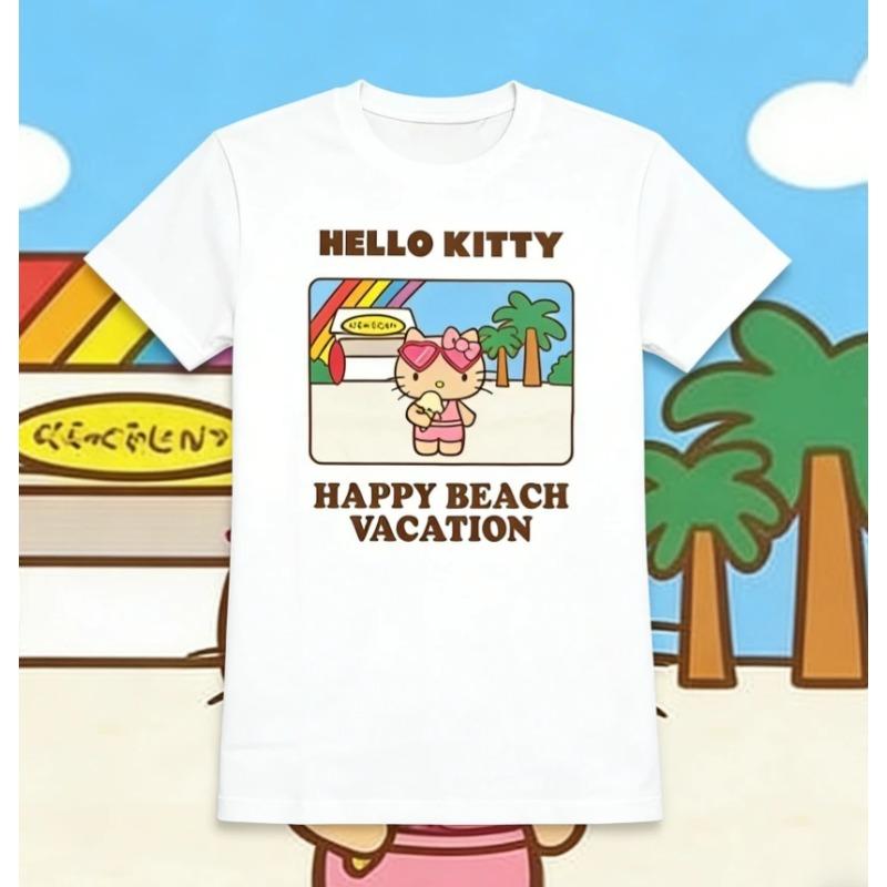 Sanrio 2026 Casual Tshirt with Hello Kitty Pattern Printed on Pure Cotton Y2k Home Clothes 2026 New Womens Round Neck Tshirt