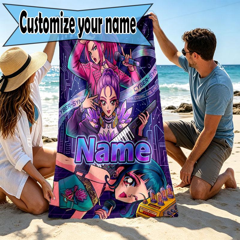 Custom Name Personalized Kpop Demon Hunter Print Beach Towel, for Trip Camping Beach Party Home Decor, Birthday Gift for Family & Friends