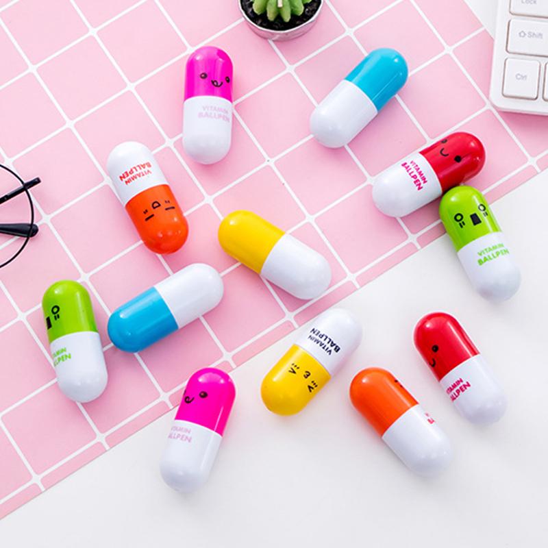 6Pcs Cute Smiling Face Pill Ball Point Pen Novelty Stationery Telescopic Capsule