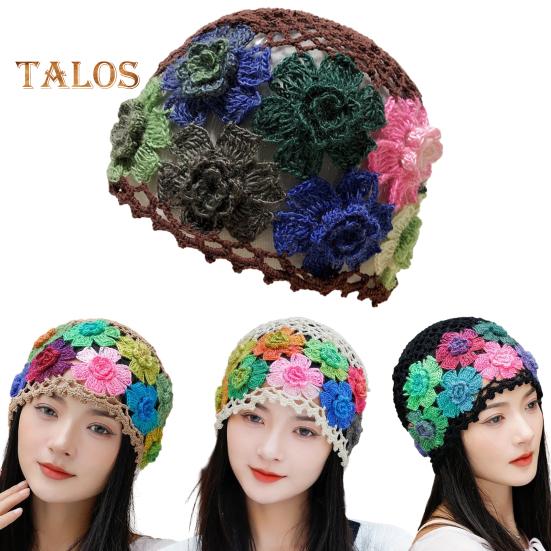 Women Hat Manual Colorful Hollow Out Knitted Flower Crochet Elastic Soft Breathable Lightweight Sunshade Soft Travel Outdoor Cap Brimless Beanie