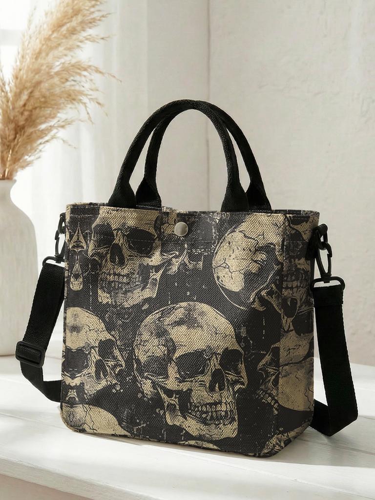 Vintage Used Totasche mit Totenkopf-Print Abnehmbarer Riemen Crossbody Handtasche Für Damen Tägliches Einkaufen