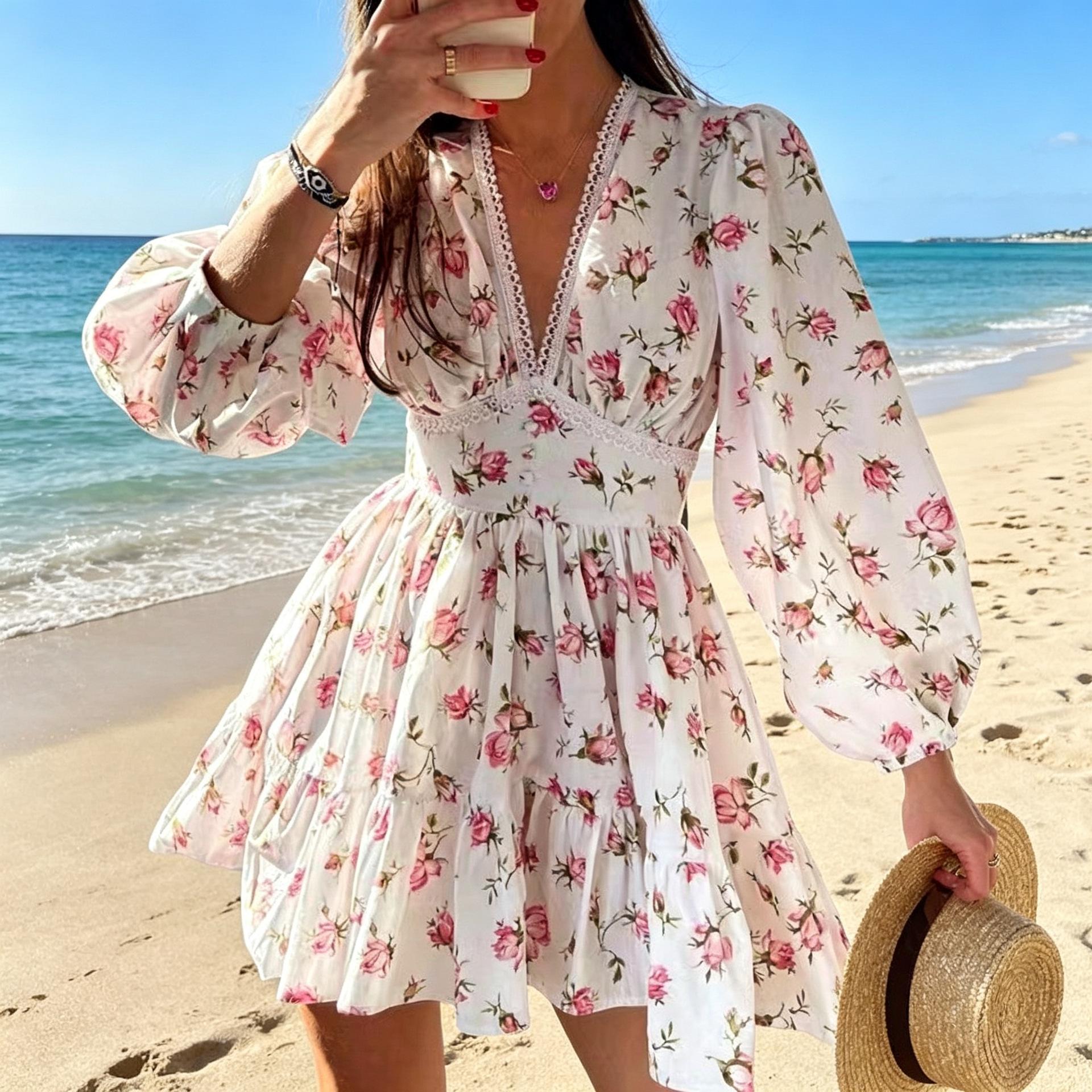2026 European and American spring women s clothing new temperament sweet printing v-neck lace short dress white S