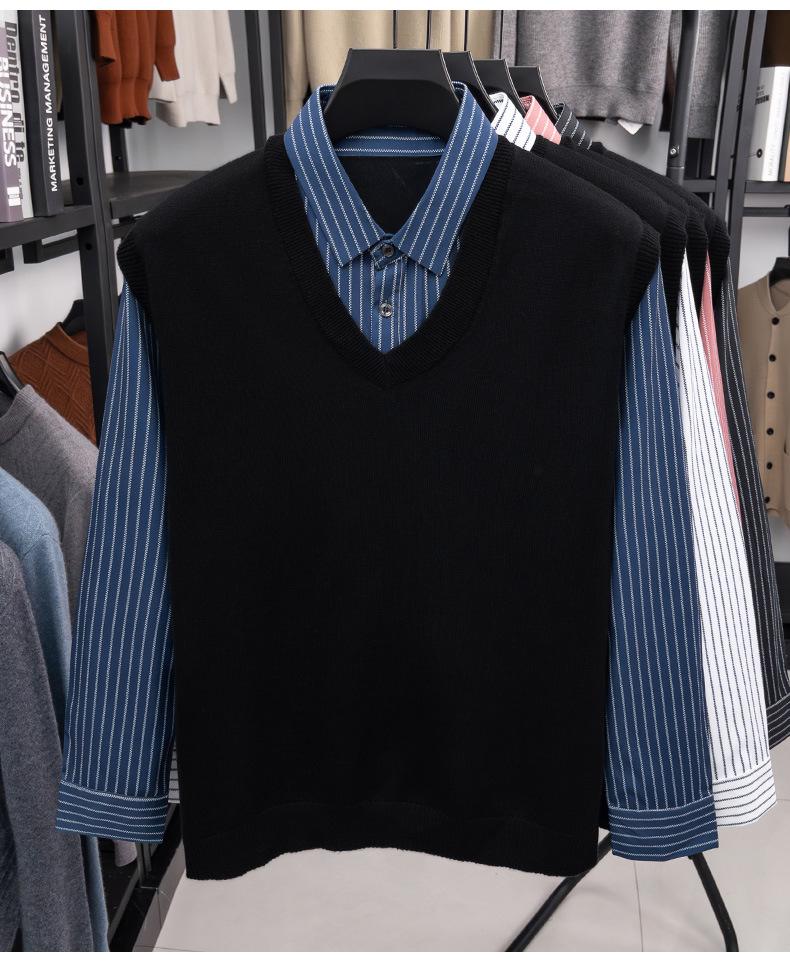 Men's Two-Piece Look Sweater with Striped Shirt Collar – Spring/Autumn Knit Wool Top & Vest
