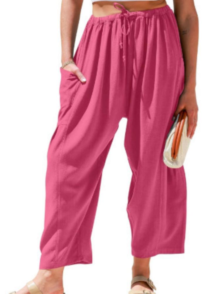 Elastic waisted pleated high waisted wide leg pants, loose casual cotton and linen pants