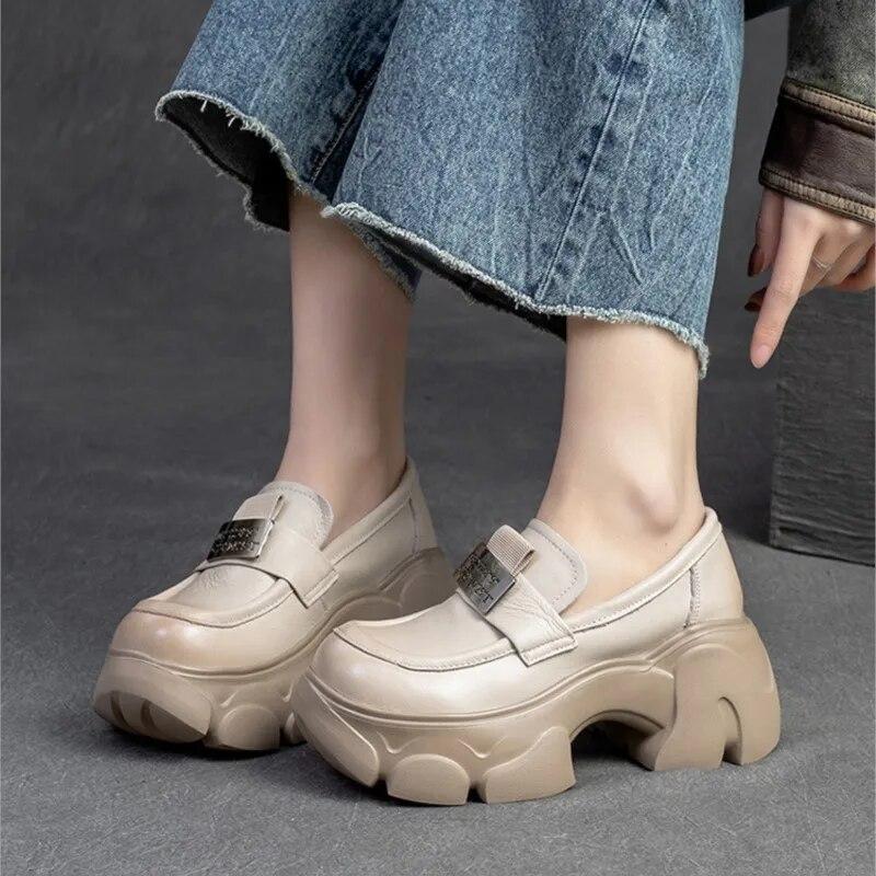 Johnature Heightening Loafers Genuine Leather Slip-on Pumps Fashion Versatile Women's Platform Shoes
