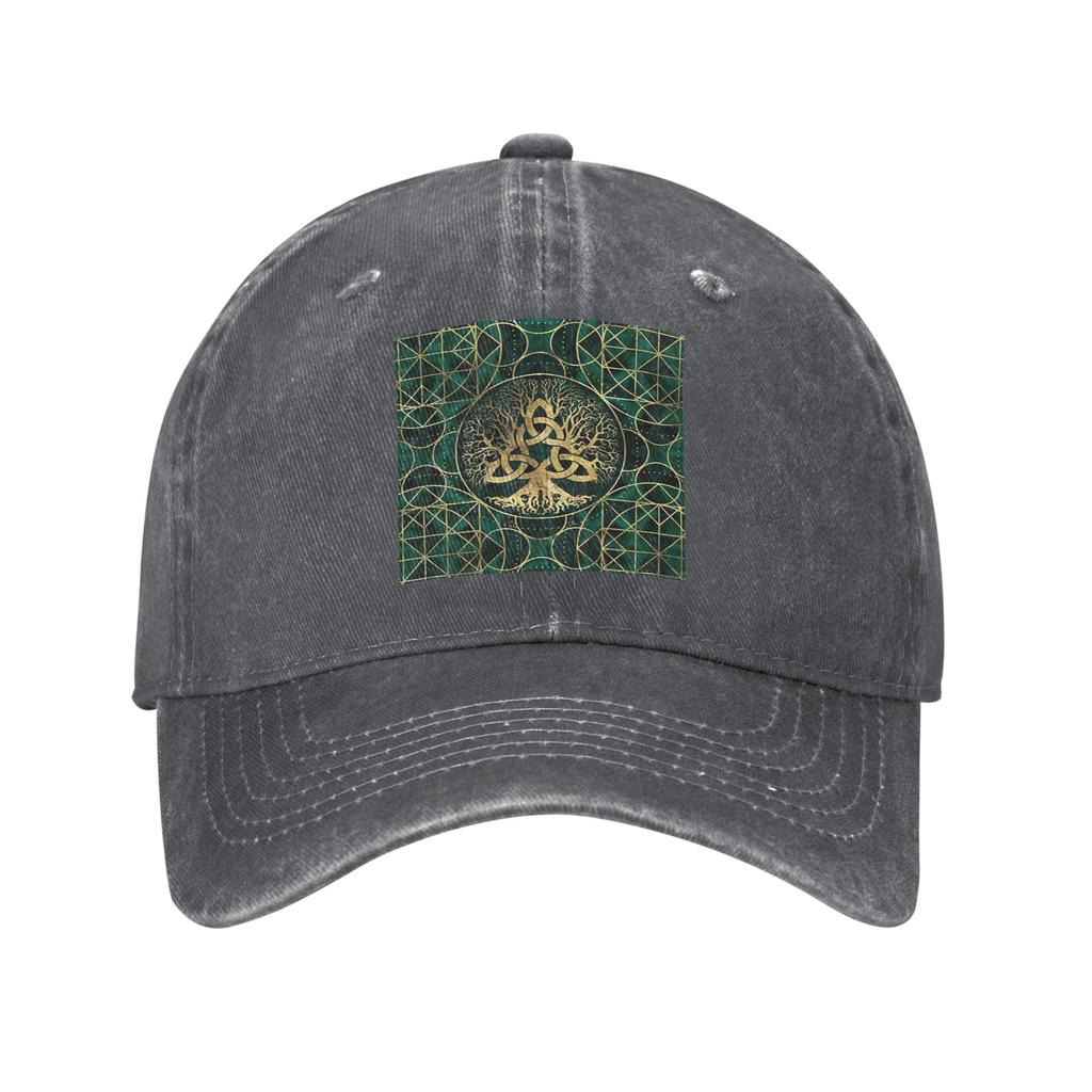 Tree of Life with Triquetra Malachite and Gold Denim Cap Casual Baseball Caps Adjustable Hat Summer Unisex Baseball Hats