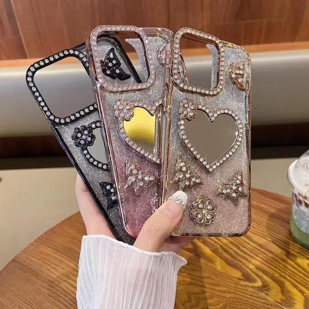 Applicable iPhone 17 Pro Max Glitter Rhinestone Heart Mirror Case - Compatible with iPhone 16/15, Glitter Protective Cover