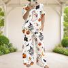 Women Plus Size Halloween Dog Printed Round Neck Short Sleeve Top Wide Leg Pants Two Piece Set