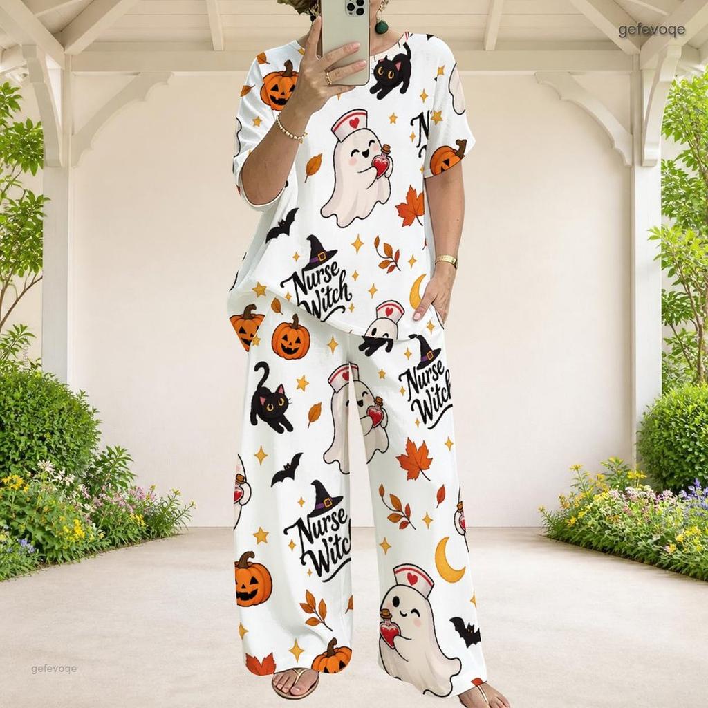 Women Plus Size Halloween Dog Printed Round Neck Short Sleeve Top Wide Leg Pants Two Piece Set