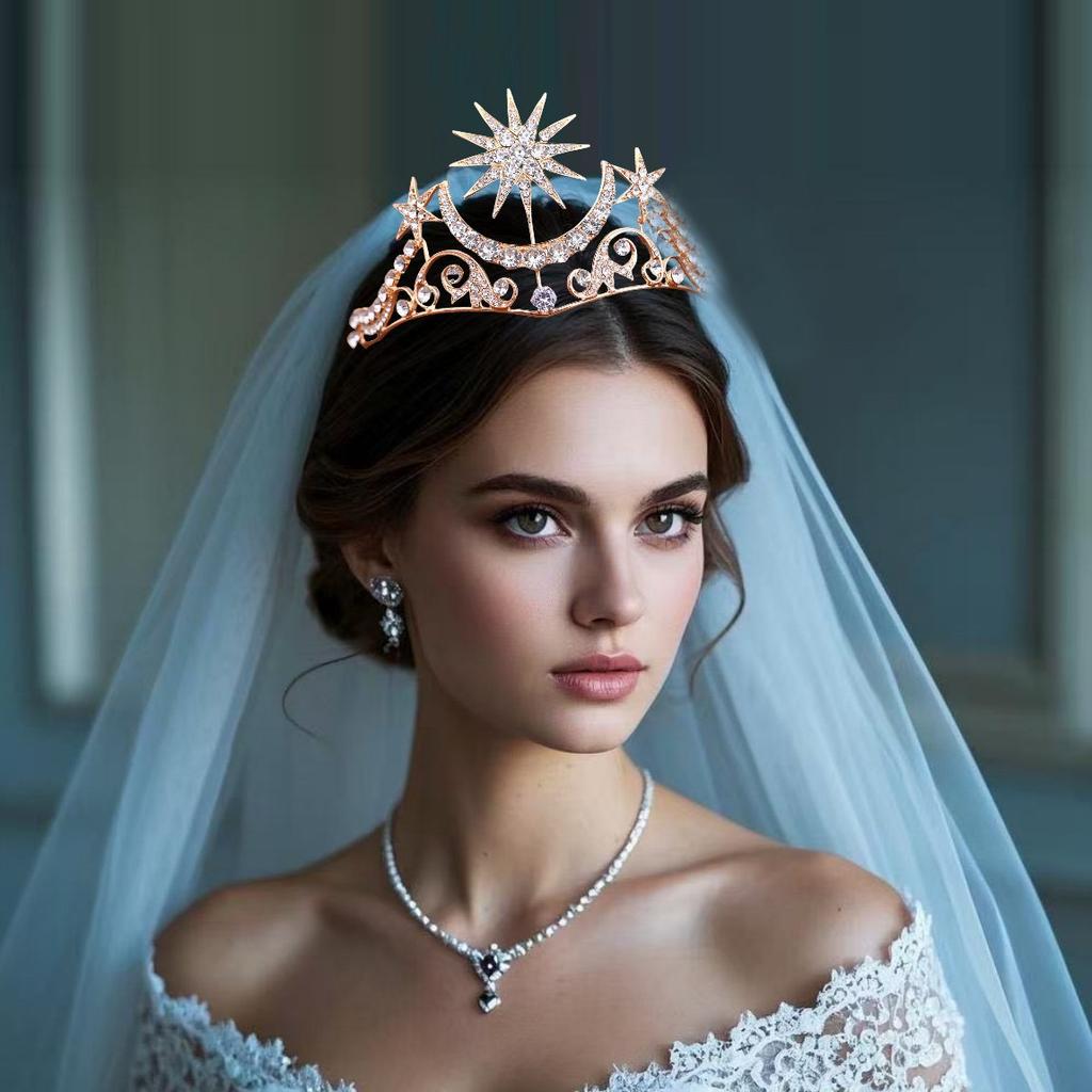 European and American Light Luxury Rhinestone Bridal Crown Headdress Alloy Diamond Sun Crown Hair Accessories Wedding Hair Crown Accessories