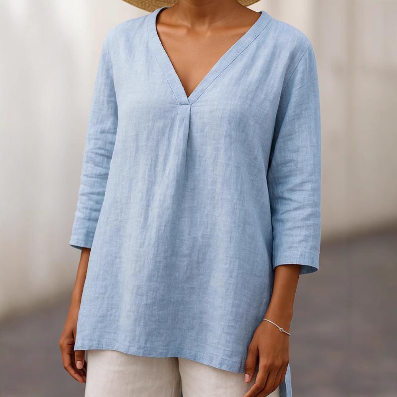 2025 Neu Damen Casual V-Ausschnitt 7/4-Ärmel Lockerer Pullover Einfarbig Mehrfarbig Damen Oberteil T-Shirt