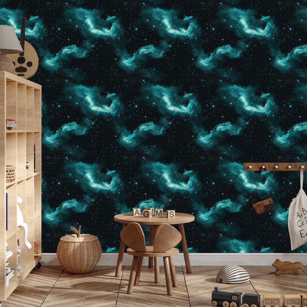 Watercolor Galaxy Wallpaper Turquoise, Black and Sea Blue 50x1000