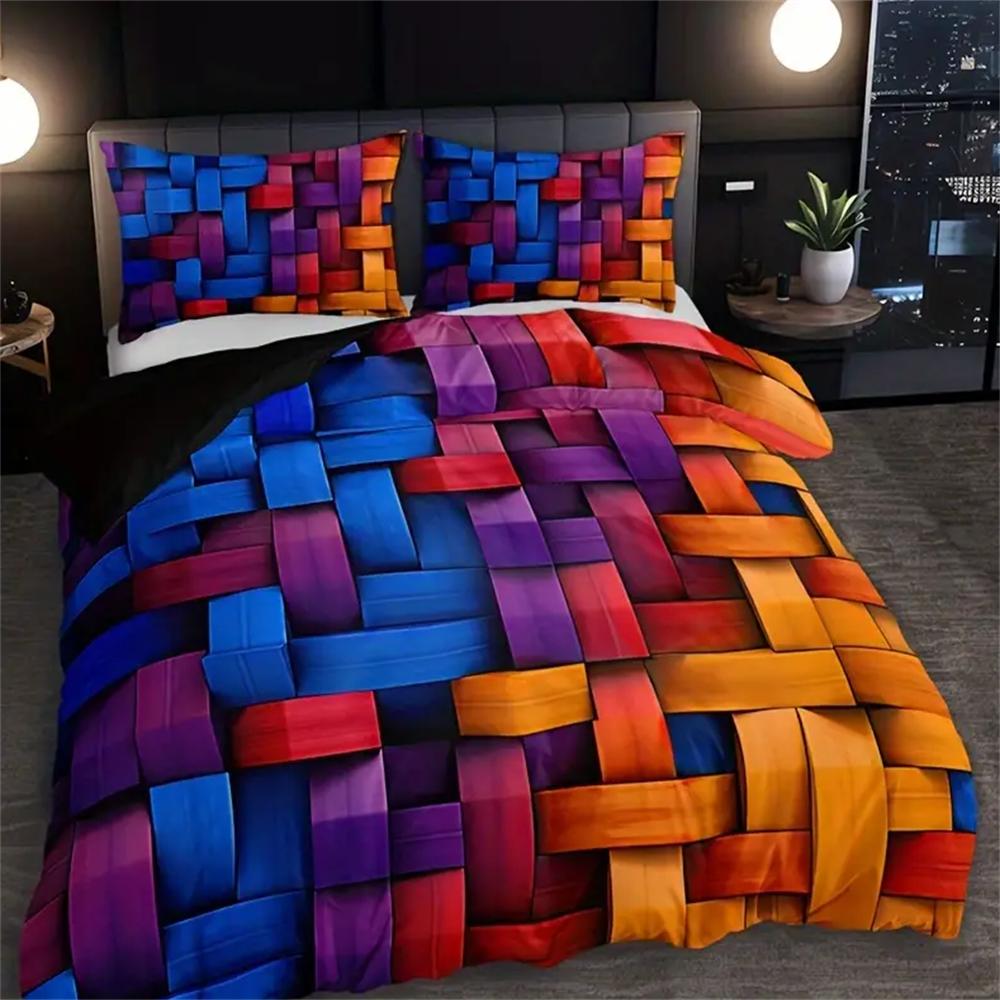 Set 3 piese cu culori vibrante și model geometric pentru husă de plapumă - Lenjerie de pat moale, respirabilă, cu imprimare HD, cu 1 husă de plapumă și 2 fețe de pernă