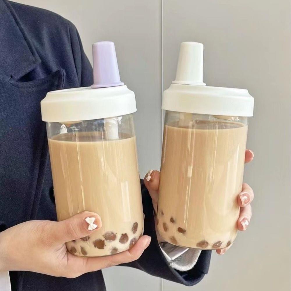Large Capacity Pearl Milk Tea Glass Cup with Straw, Simple Design Plastic Water Bottle, Casual Style Drinkware for Daily Use
