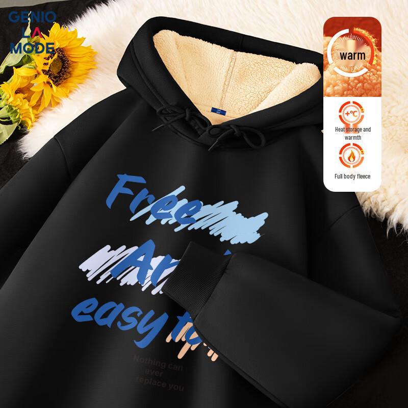 GENIOLAMODE Men's Heavyweight Lambswool-Lined Hooded Sweatshirt with Print