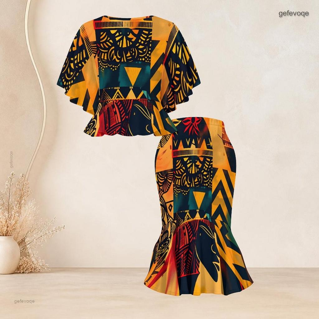 Women Plus Size Two Piece Set Round Neck Batwing Sleeve Ruffle Hem Top Fishtail Skirt American Flag Printed Red Blue White