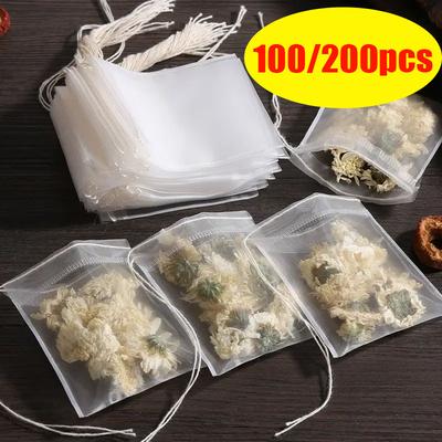 100/200Pcs Transparent Nylon Teabags Empty Tea Bags Disposable Tea Bags Filter Bags for Tea Infuser with String Heal Seal