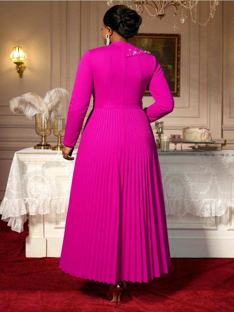 Elegantní dámské áčkové šaty s límečkem, korálkováním, dlouhým rukávem, patchworkem, plisované, večerní, na párty, pro svatebního hosta