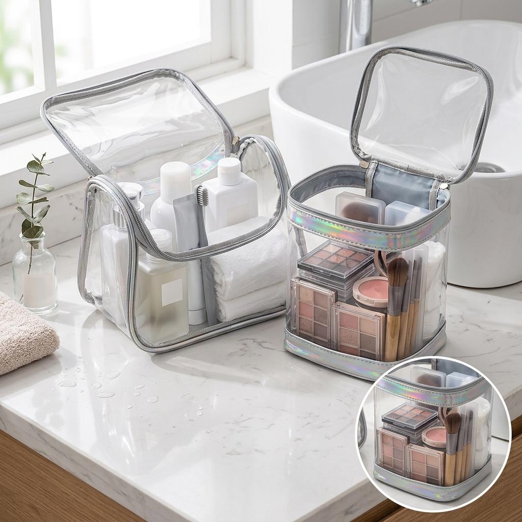 Waterproof PVC Holographic Makeup Bag Transparent Large Travel Toiletry Hand Storage Pouch, Makeup Organizer, Bag for Traveling