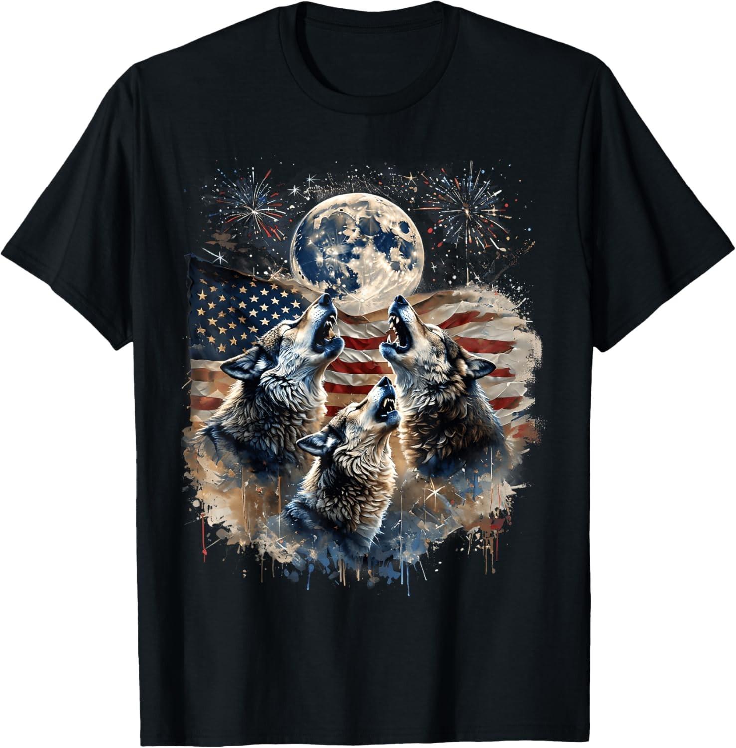 Wolf 4th Of July Howling Wolves Under Moon American Flag T-Shirt Mens Womens Tees Top XL