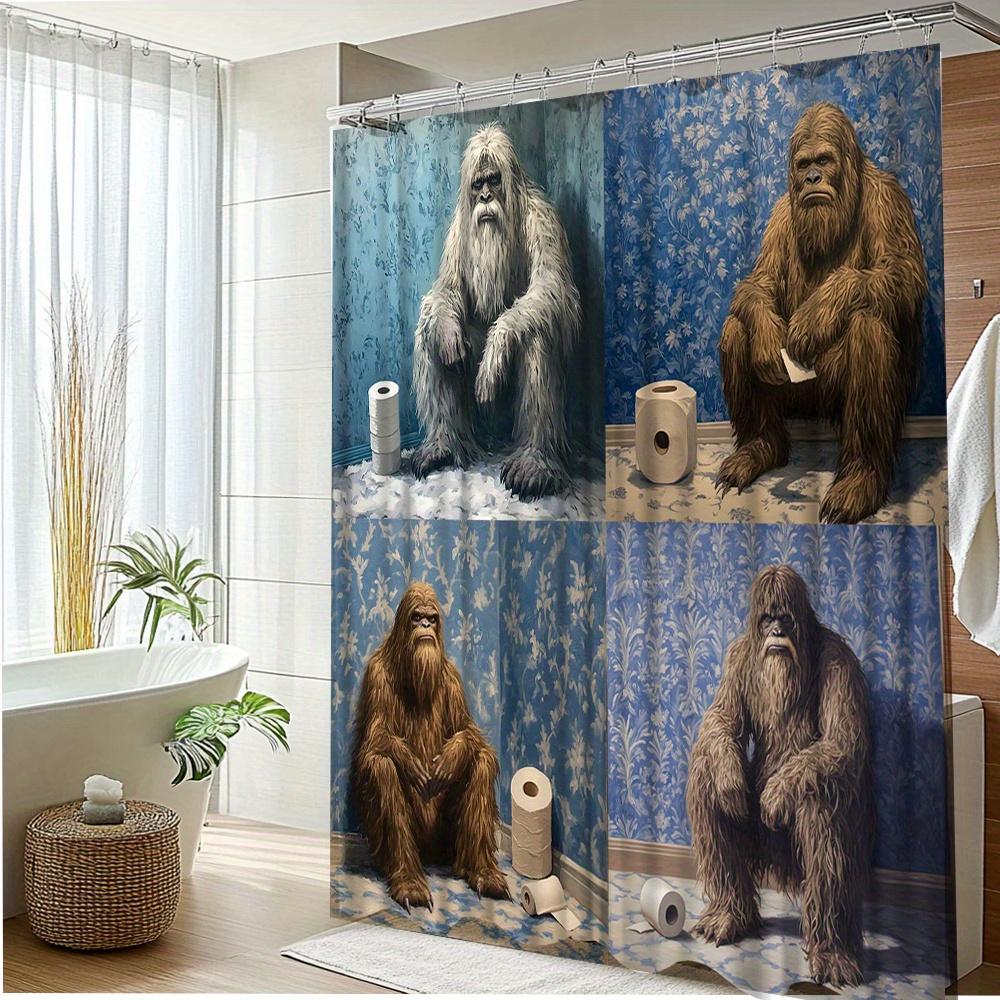 1Pc Funny Bigfoot Shower Curtain With 4-Panel Humorous Scenes - Durable Polyester Fabric, Machine Washable, Includes 12 Hooks,