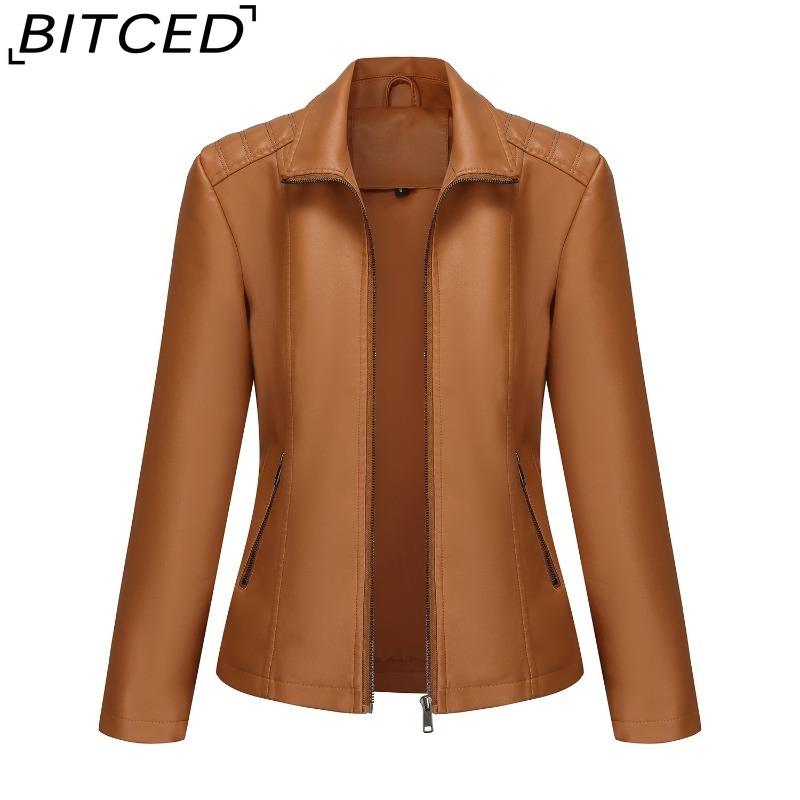 BITCED Fashion Women's Leather Jacket, Short Leather Jacket, Knitted Patchwork Stretch Coat