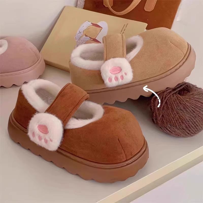 Cute Cat Paw Snow Boots Shoes Winter Velvet Thick Sole Indoor Outdoor Shoes Round Toe Ankle Boots