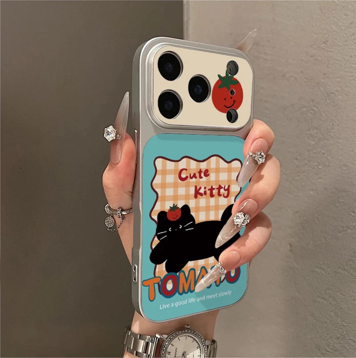 

Electroplated Black Cat Phone Case for iPhone 16 Pro Max with Double Sticker Window iPhone 14 Pro Max