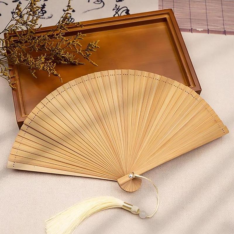 1Pc Folding Fan Handmade With Tassels Handcraft New Year's Gift Vintage Bamboo Chinese Style Solid Color