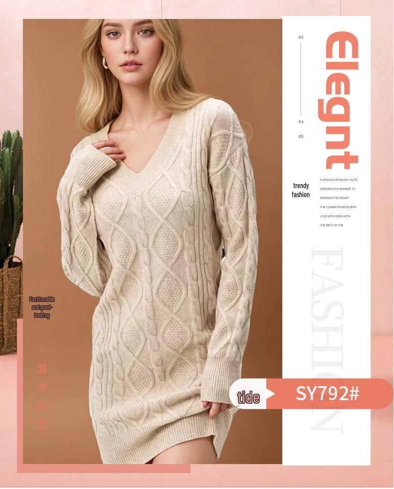 2025 Autumn/Winter Women's Mid-Length V-Neck Cable Knit Dress