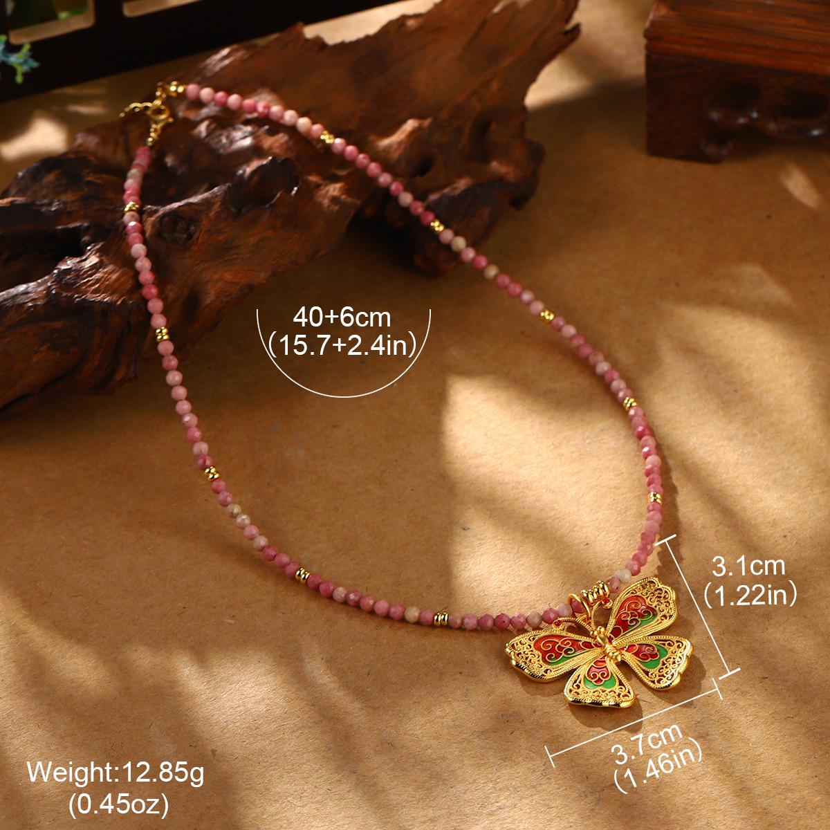 

New Chinese butterfly enamel necklace, retro flower pendant, collarbone chain, beaded national tide style hollow item decoration