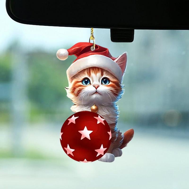 Christmas Creative Cat Car Pendant Car Acrylic Pendant Cute Cat 2D Flat Car Charm Cute Cat Car Acrylic Pendant Christmas Tree